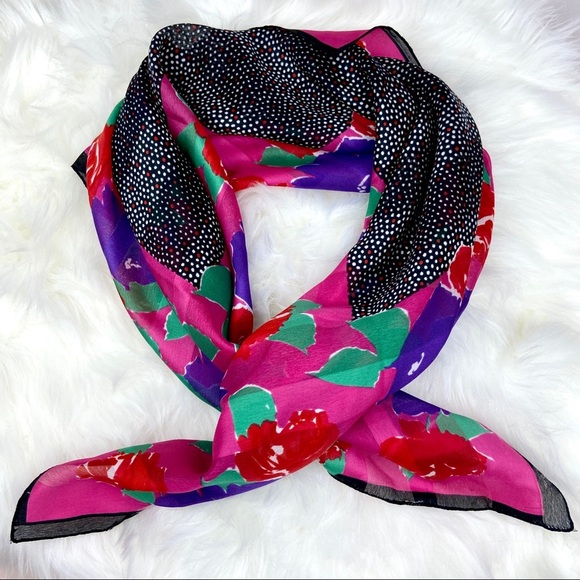 VINTAGE Colorful Pop Art Modern Floral Polka Dot 80s Scarf Striped Hair Hanky - Picture 1 of 8